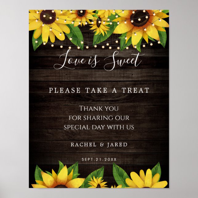Poster Sunflower Rustic Wood String Luzes Casamento Favor (Frente)