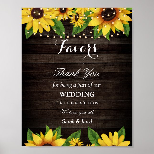 Poster Sunflower Rustic Wood String Luzes Casamento Favor (Frente)