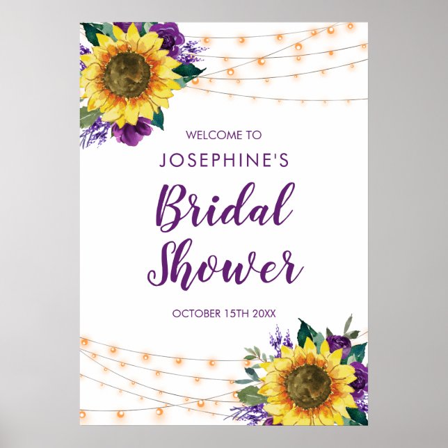 Poster Sunflower String Lights Purple Bridal Shower (Frente)