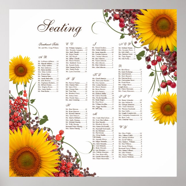 Poster Sunflower Wedding Seating Chart (Frente)