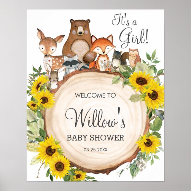 Poster Sunflower Woodland Animals Baby Shower Welcome  Po (Frente)