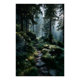 Pôster Sunlit Forest Path Through Ancient Pines