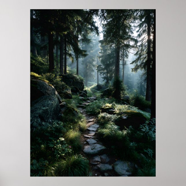 Poster Sunlit Forest Path Through Ancient Pines (Frente)