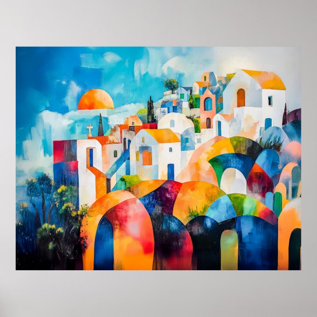 Poster Sunlit Santorini em Cores Expressivos (Frente)