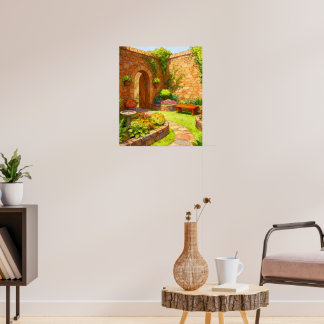 Poster Sunlit Stone Courtyard Garden Path Watercolor Art