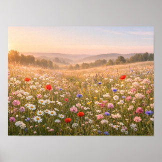 Poster Sunlit Wildflower Meadow at Golden Sunrise