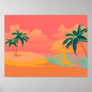 Poster Sunny island with palm trees at sunrise design