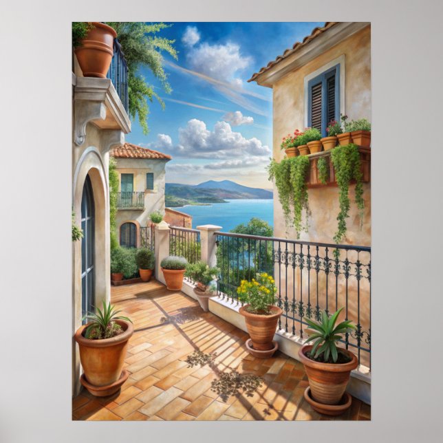 Poster Sunny Mediterranean Balcony Sea View Art (Frente)