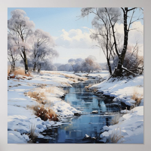 Poster Sunny Winter Field and Stream Outdoor Scenic (Frente)