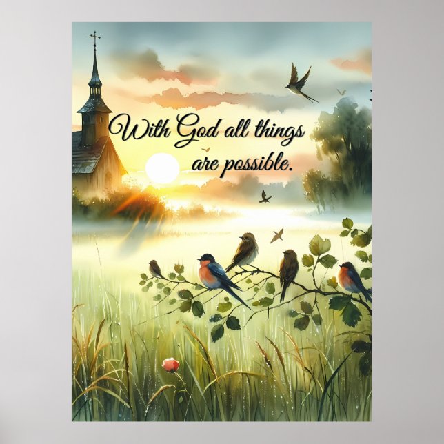 Poster Sunrise Church with Birds in Misty Meadow (Frente)