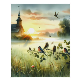 Pôster Sunrise Church with Birds in Misty Meadow No Verse