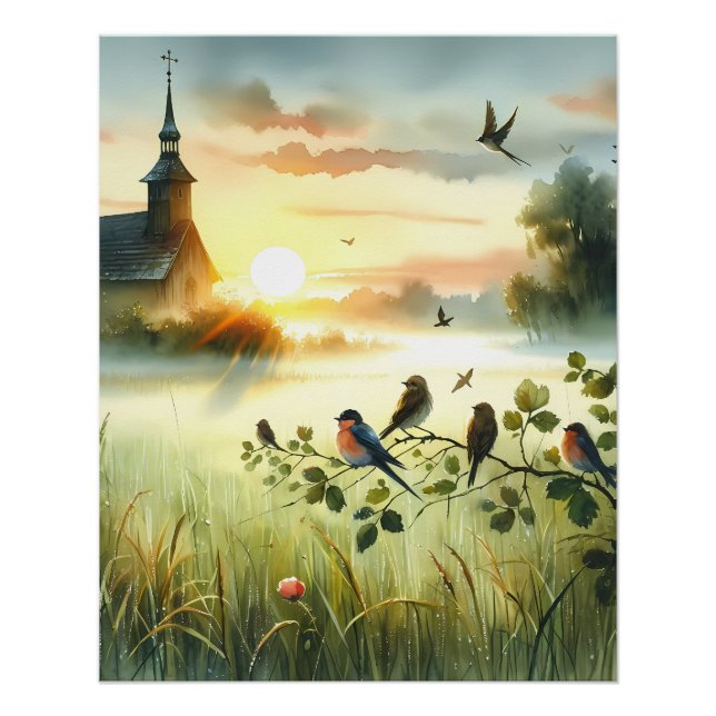 Pôster Sunrise Church with Birds in Misty Meadow No Verse (Frente)