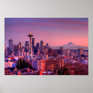 Poster Sunset atrás da linha do horizonte de Seattle, do