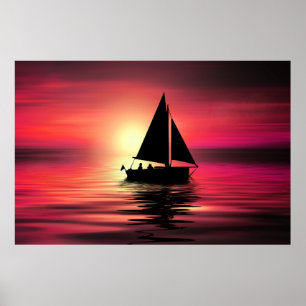 Poster Sunset, Barco, Mar com Fundo Laranja