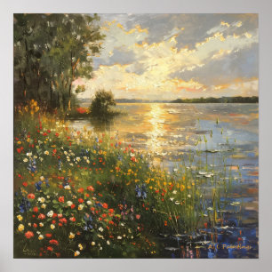 Poster Sunset By the Lake Oil Painting