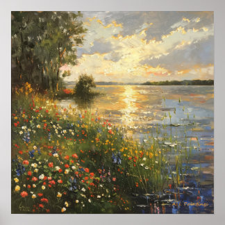 Poster Sunset By the Lake Oil Painting