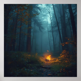 Poster Sunset Campfire in Misty Forest — Fine Art Wall Pr