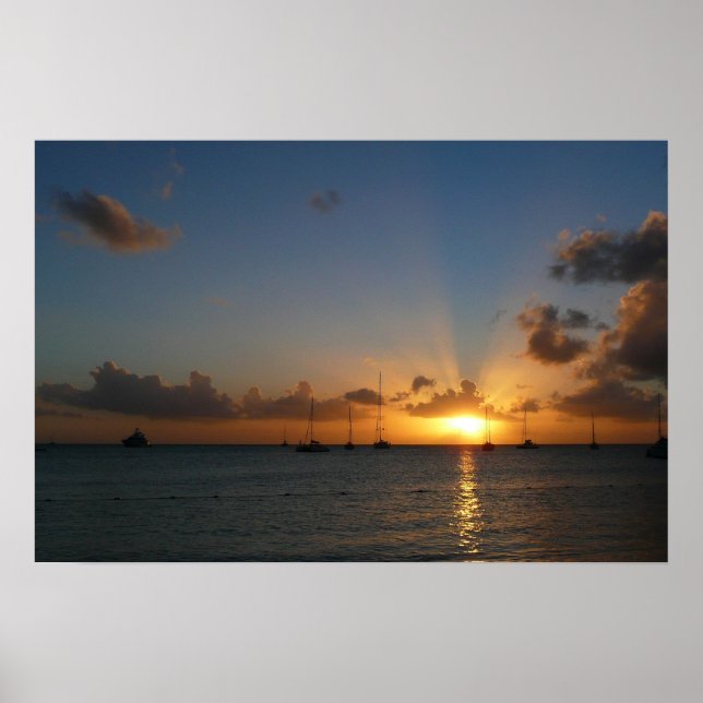 Pôster Sunset com Imagem de Paisagem Tropical de Barcos d (Frente)