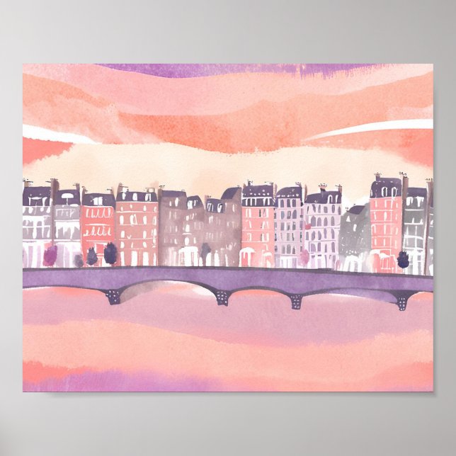 Poster Sunset da Cidade Europeia | Aquarela (Frente)