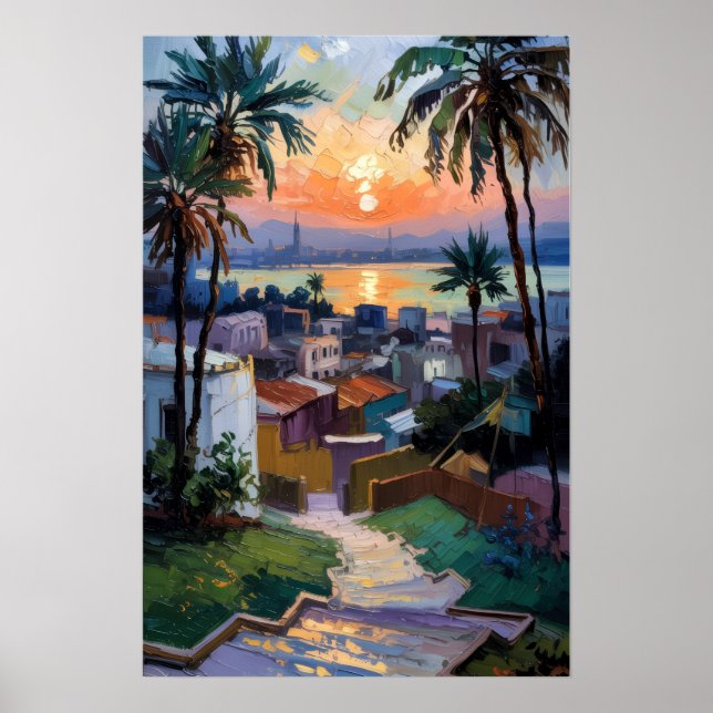 Poster Sunset de ouro sobre a cidade costeira (Frente)