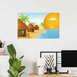 Poster Sunset de praia tropical com Thatch Huts