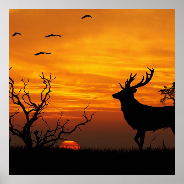 Pôster Sunset Deer Silhouette (Frente)