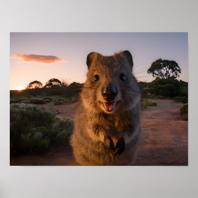 Poster Sunset Delight: Quokka charmosa sorri na câmera (Frente)