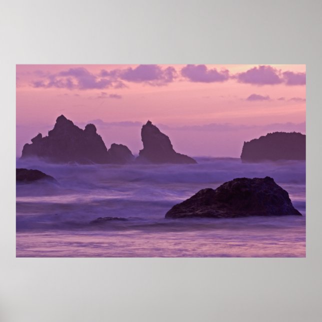 Poster Sunset em Bandon Beach Sea Stacks. (Frente)