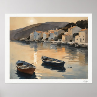 Poster Sunset Harbor Reflection Oil Painting Art Print