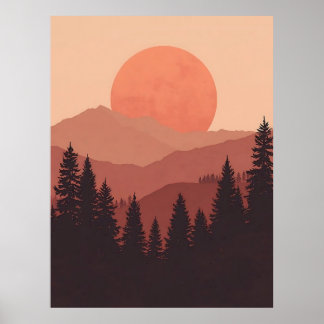 Poster Sunset Mountain Forest Nature Illustration