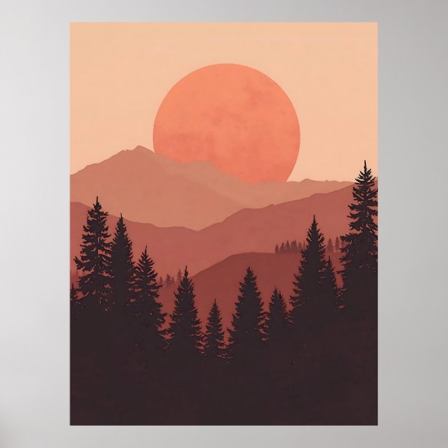 Poster Sunset Mountain Forest Nature Illustration (Frente)