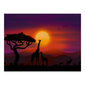 Pôster Sunset na África com animais