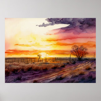 Poster Sunset Na Prairie Watercolor
