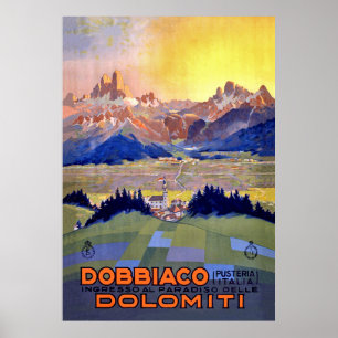 Poster Sunset over Dobbiacho, Dolomites Mountains, Itáli
