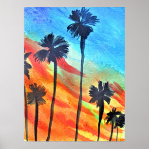 Poster Sunset Palm tree surf