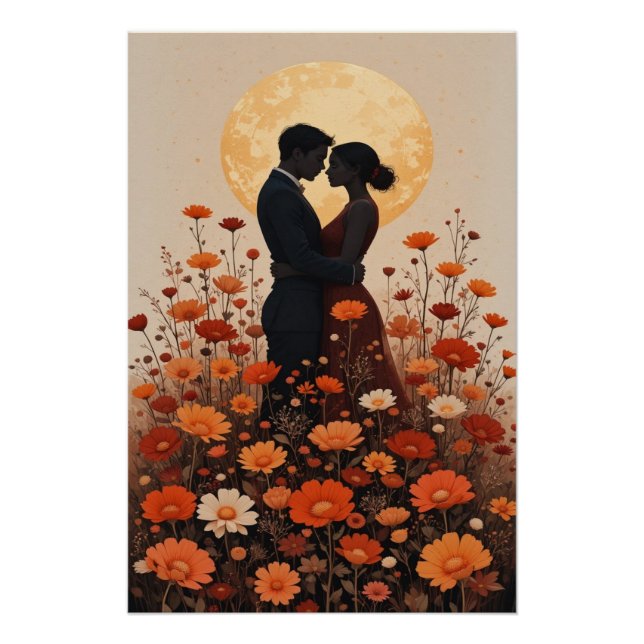 Pôster Sunset Romance Painting - Floral Couple Wall Art (Frente)