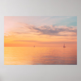 Poster Sunset Sailboats Calm Ocean Horizon Glow