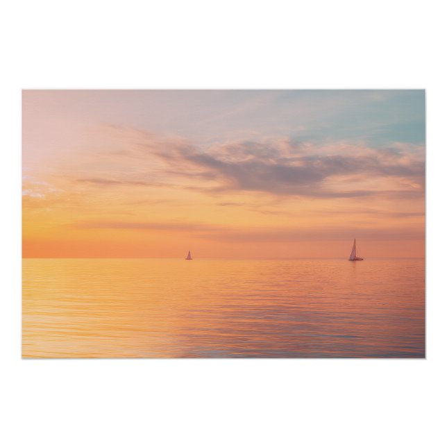 Pôster Sunset Sailboats Calm Ocean Horizon Glow (Frente)
