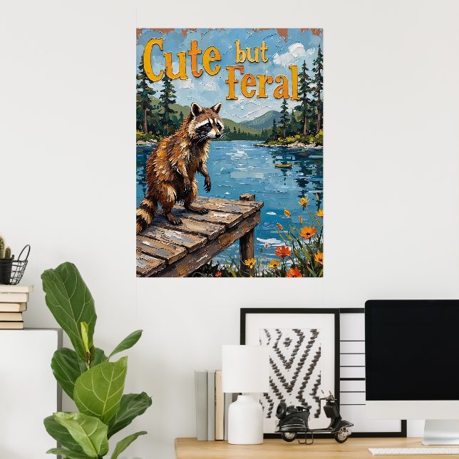 Poster Sunset Serenade: Raccoon no Pier (Escritório em casa)