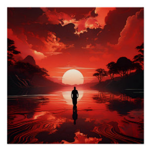Pôster Sunset Sobre Águas Calmas - Reflexão Céu Vermelho