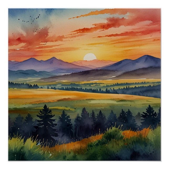 Pôster Sunset Sobre Montanhas Watercolor (Frente)