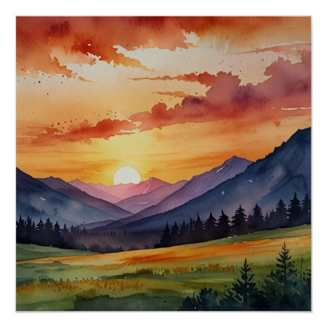 Pôster Sunset Sobre Montanhas Watercolor (Frente)