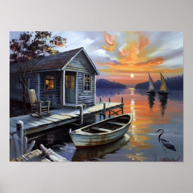 Poster Sunset Solace: Cabin on the Lake (Frente)