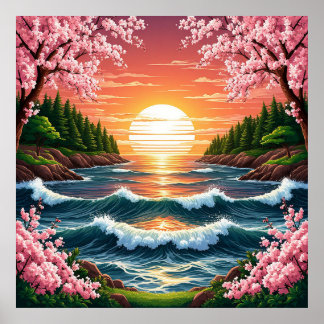 Poster Sunset Vibrante Sobre Ondas Oceânicas