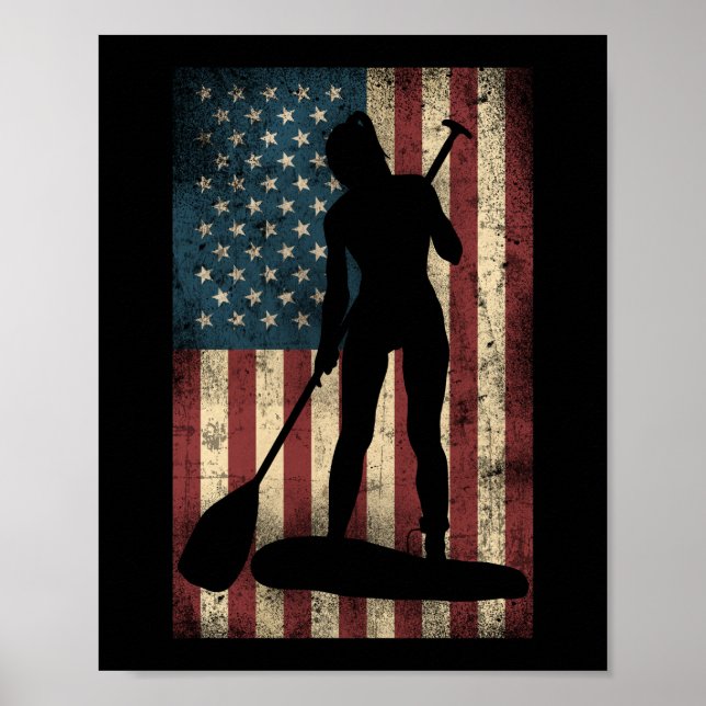 Poster SUP Paddleboard Girl American Flag Usa Patriótico (Frente)