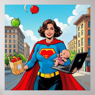 Poster "Super Mãe" Estilo de BD retrô