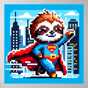 Poster Super Sloth Funny Pixel Art Hero Cityscape Design