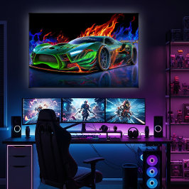 Poster Supercarro Neon Verde Futurista em Chamas