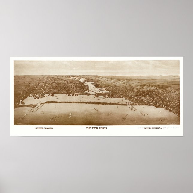 Pôster Superior, WI - Duluth, Mapa Panorâmico MN - 1915 (Frente)