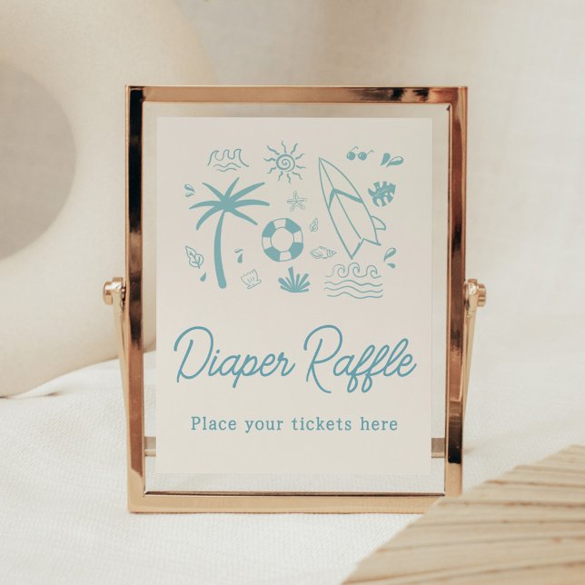 Poster Surf Azul Bebê no Chá de fraldas Conselho Raffle (Blue Surf Baby on Board Baby Shower Diaper Raffle Sign)